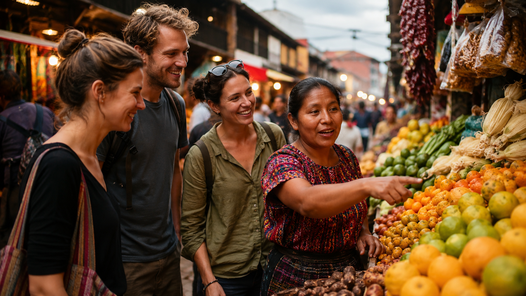 A local guide leading travelers through a colorful street market