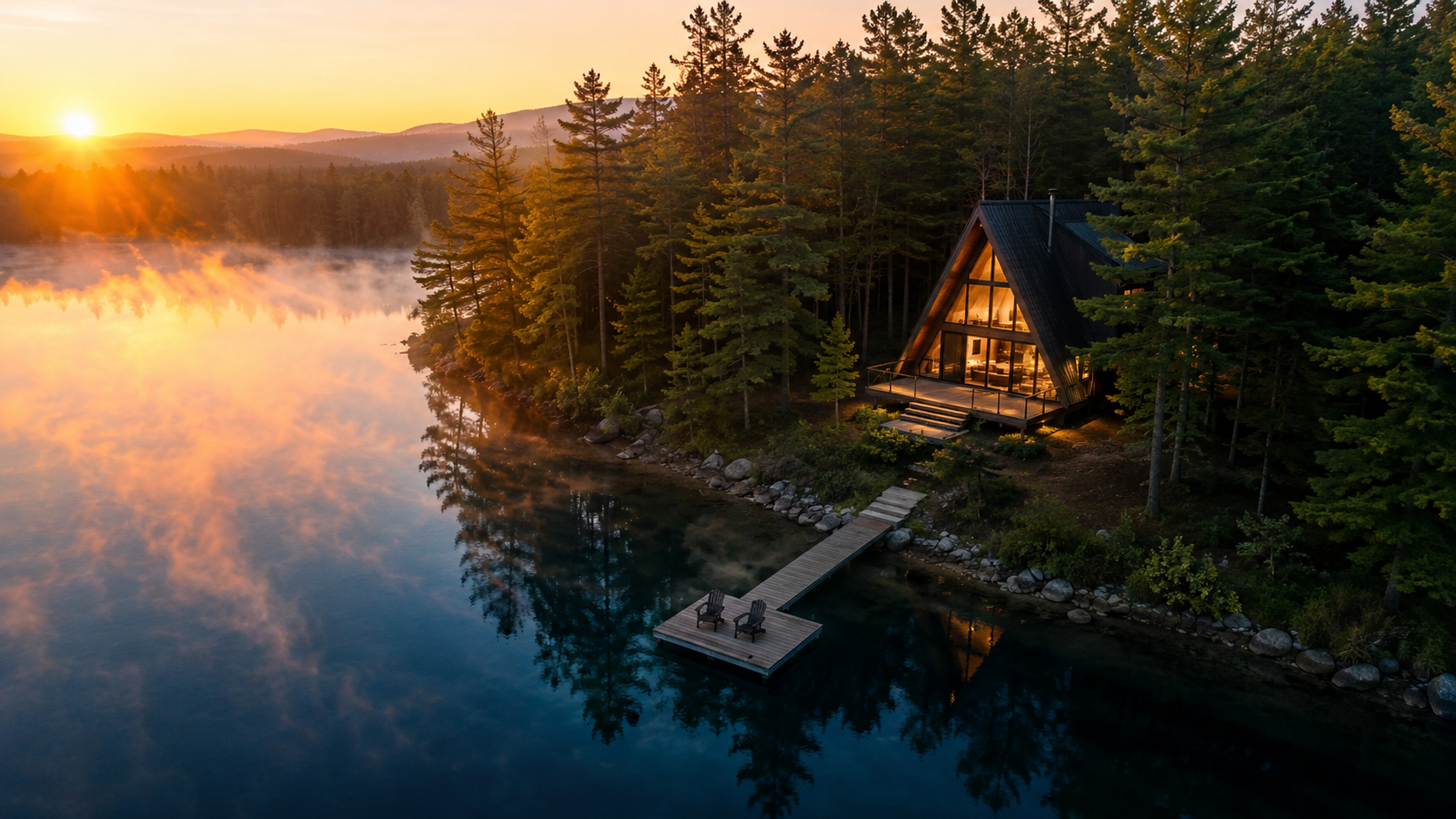 A stunning A-frame cabin on a lake at sunrise